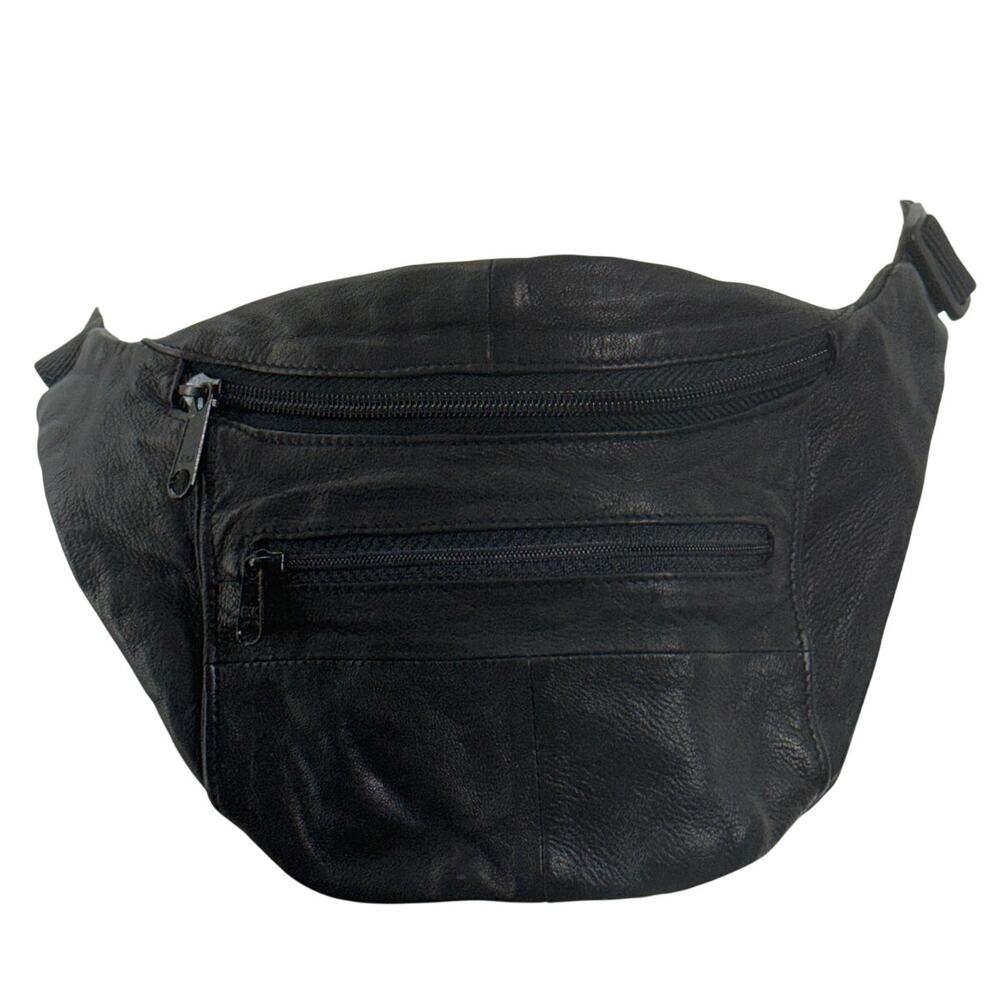 Vintage 90s Black Genuine Leather Fanny Pack Waist Belt Bag 2 Zip Pockets